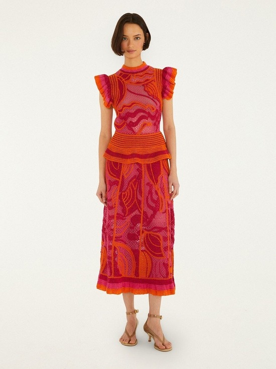 FARM Rio Tops - Farm Rio Pink And Orange Seashell Ruffled Crochet Top